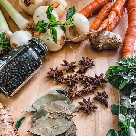 Bone broth ingredients on a cutting board