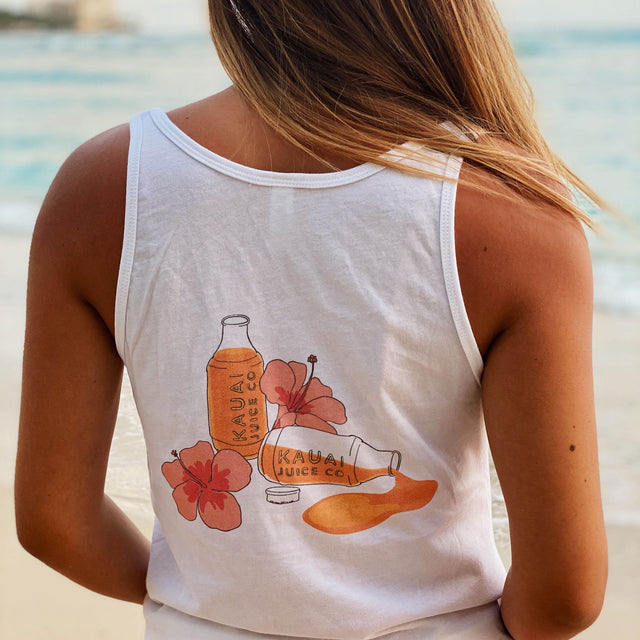 back of t-shirt with picture of juice and flowers