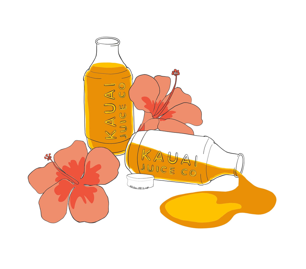 hand drawn art featuring Kauai Juice Co bottles and hibiscus flowers