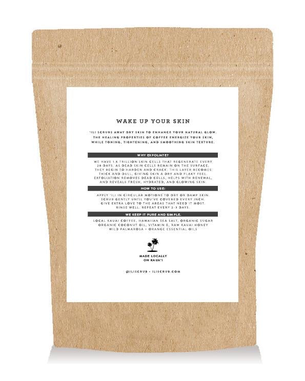 back of kraft paper bag of Ili Hawaiian Coffee Scrub