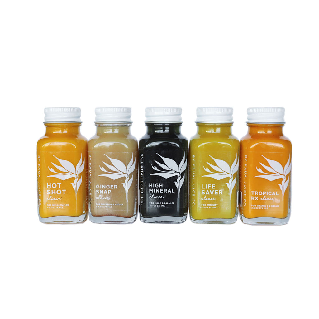 5 jars of Kauai Juice Co Elixirs