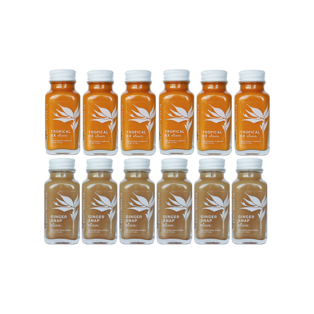 6 bottles of Kauai Juice Co Tropical Rx elixirs and 6 bottles of Ginger Snap elixirs