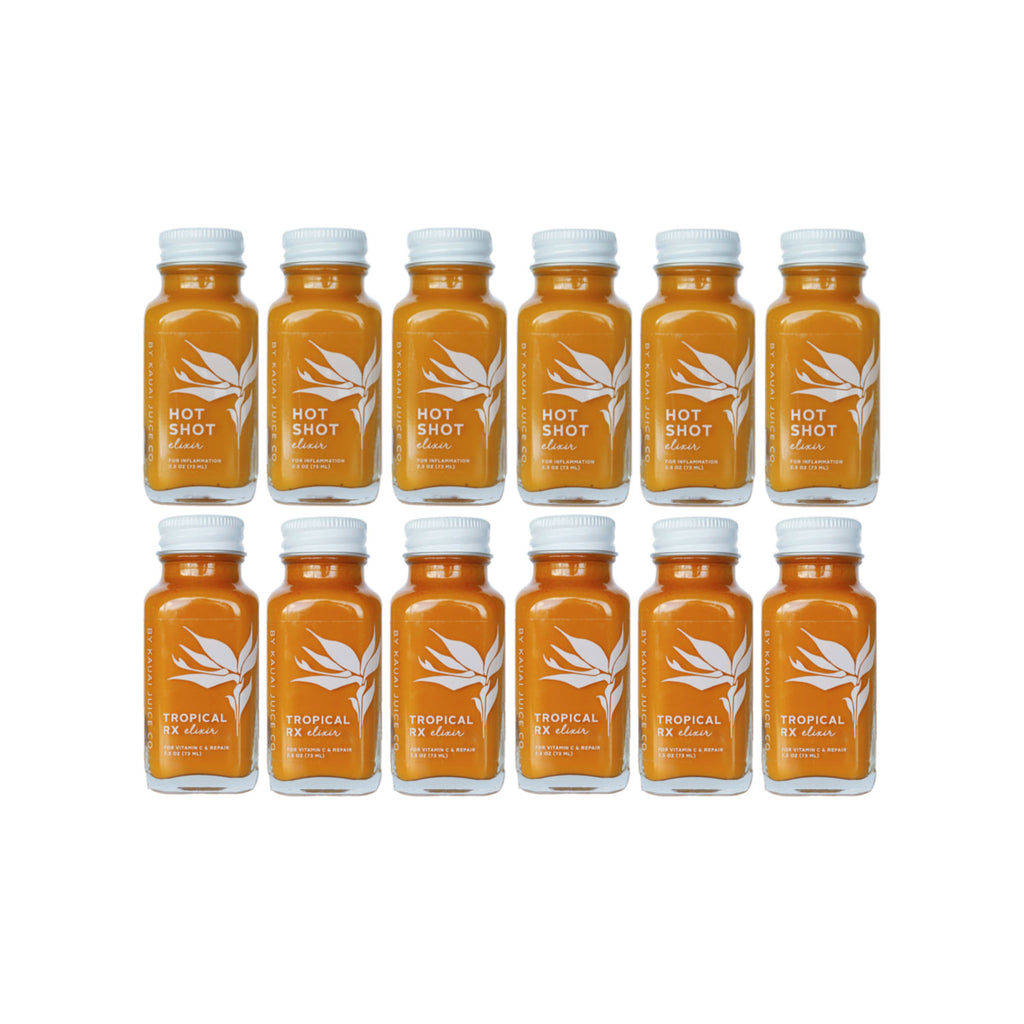 6 bottles of hot shot elixirs and 6 bottles of tropical rx elixirs