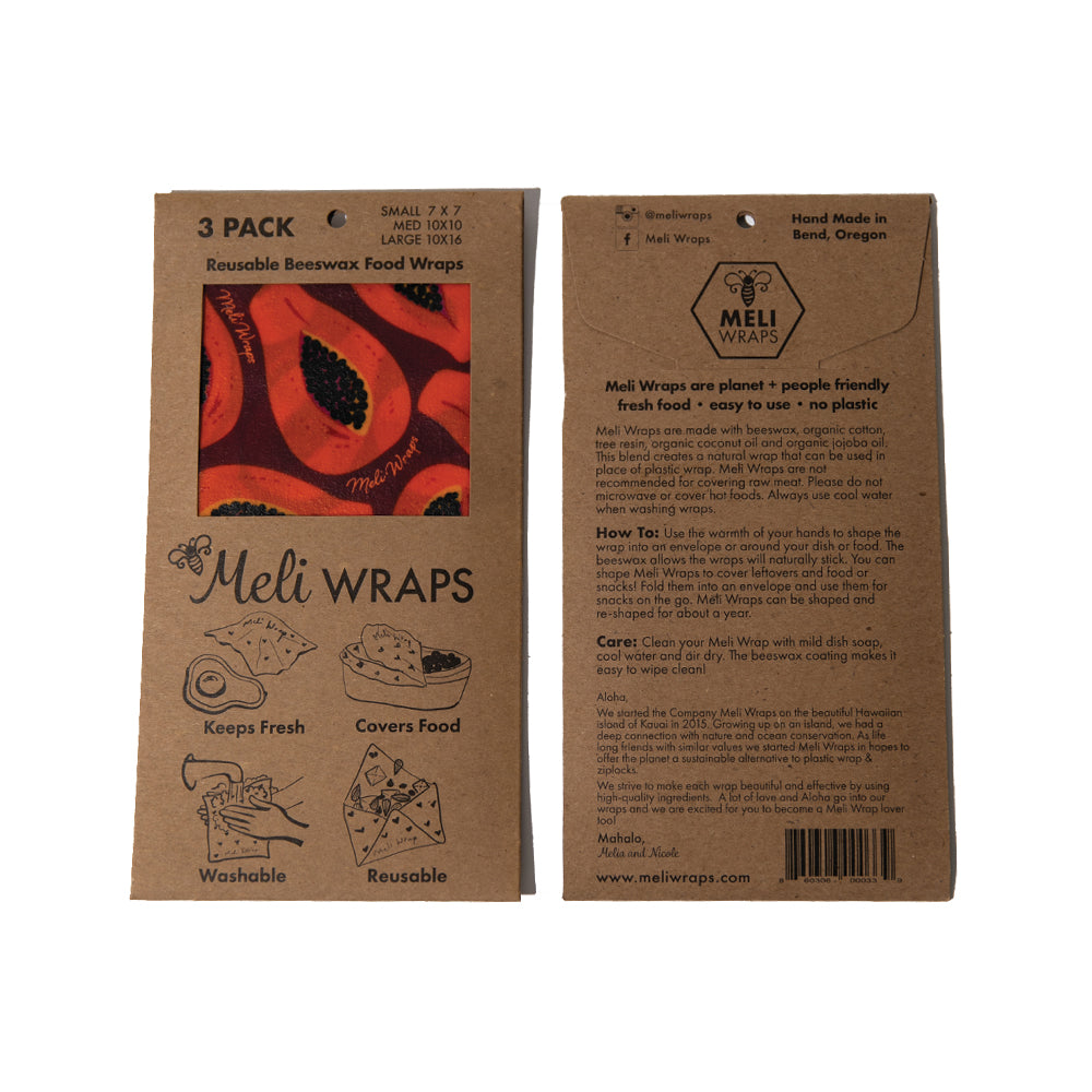 two 3=packs of Meli Wrap, showing front and back of packaging