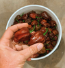 hand holding chocolate habanero peppers above large bucket of peppers