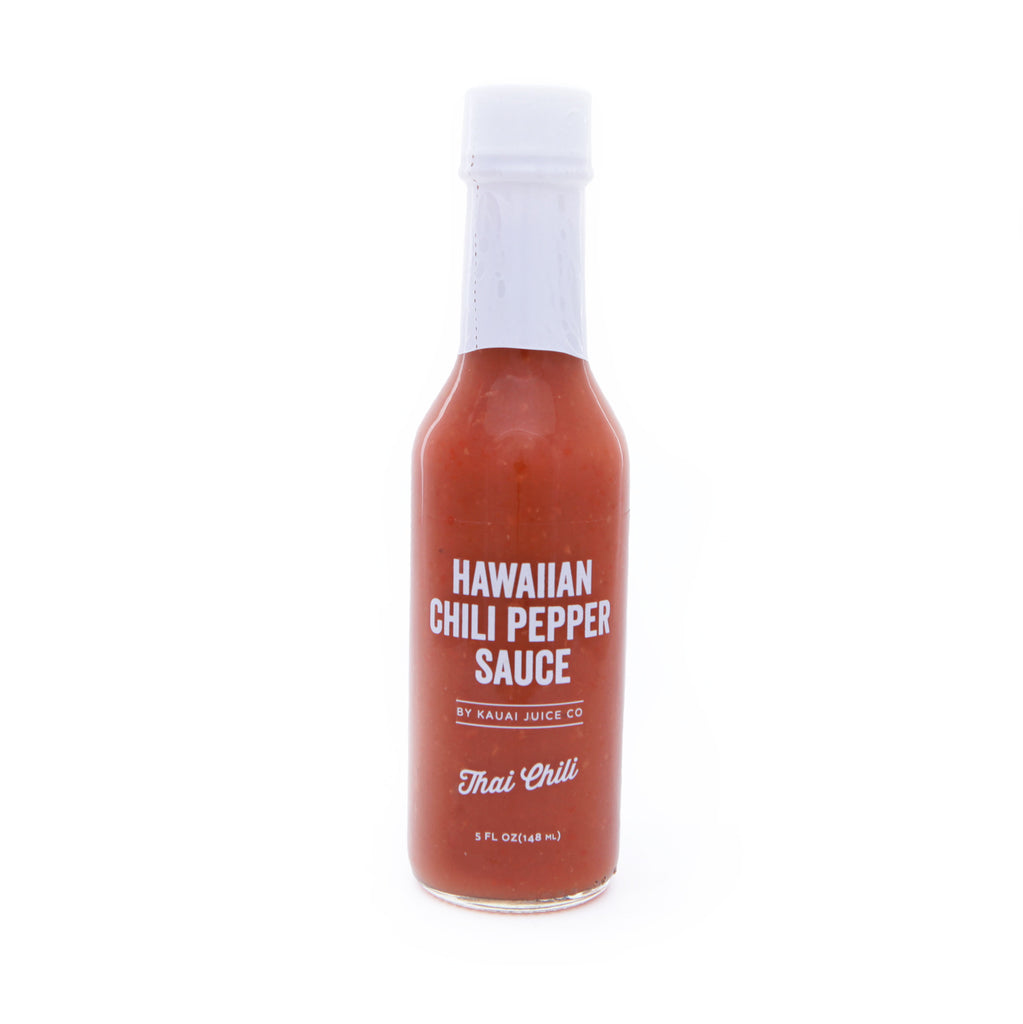 5 oz bottle of Hawaiian Chili Pepper Sauce by Kauai Juice Co. In Thai Chili flavor. 