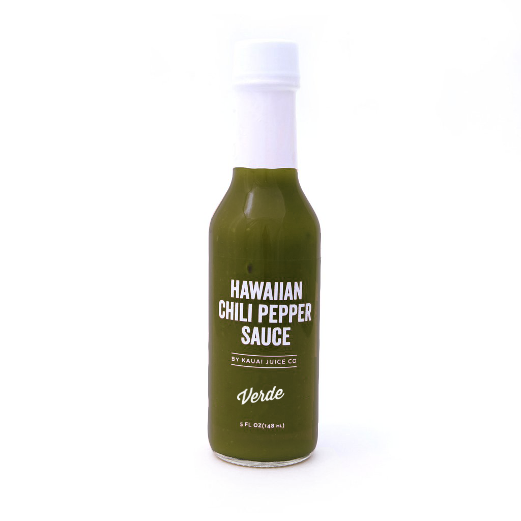 5 oz bottle of Hawaiian Chili Pepper sauce by Kauai Juice Co. In "verde" flavor.