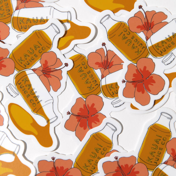 stickers with hand drawn bottle of kauai juice co orange juice and hibiscus flowers