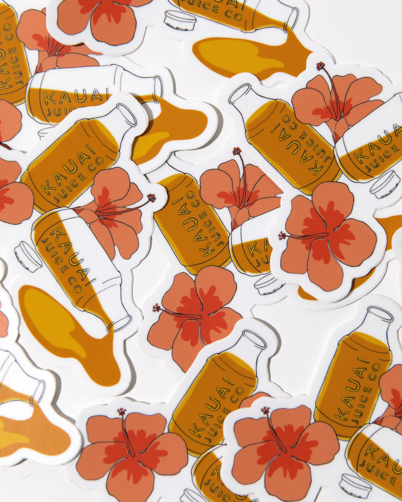 stickers with hand drawn bottle of kauai juice co orange juice and hibiscus flowers